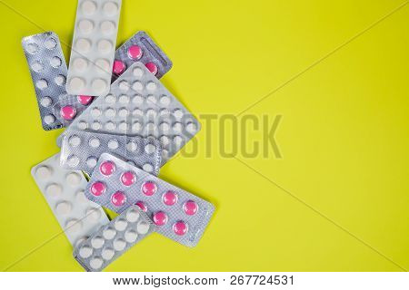 Pink-white Antibiotics Capsule Pills In Blister Pack. Antimicrobial Drug Resistance. Pharmaceutical 