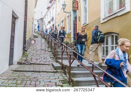 Tallinn, Estonia - August 22, 2016: Luhike Jalg Street In The Old Town In Tallinn, Estonia