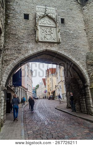Tallinn, Estonia - August 22, 2016: Pikk Street Leading Through A Gate Next To Fat Margaret Tower In