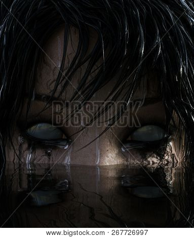 3d Illustration Of Ghost Woman In The Lake,scary Background Mixed Media