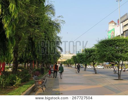 Semarang, Indonesia - October 28, 2018: Pedestrian Walkway At Taman Simpang Lima (simpang Lima Park)