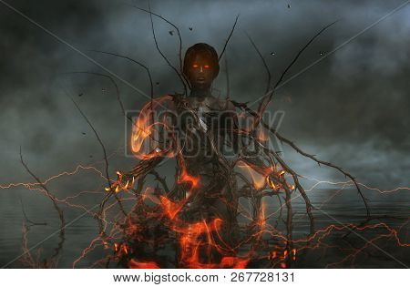 3d Illustration Of Demon In The Lake,scary Background Mixed Media