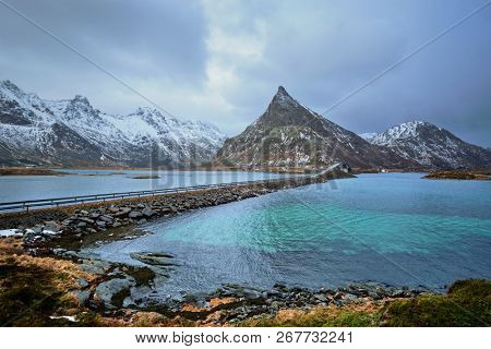 Fredvang Bridges in winter. Lofoten islands, Norway