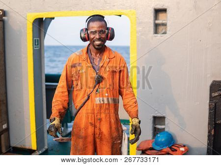 Seaman Ab Or Bosun On Deck Of Offshore Vessel Or Ship
