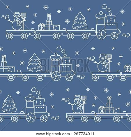 Seamless Pattern With Christmas Train Carries Christmas Tree, Snowman With Broom, Gifts. Happy New Y