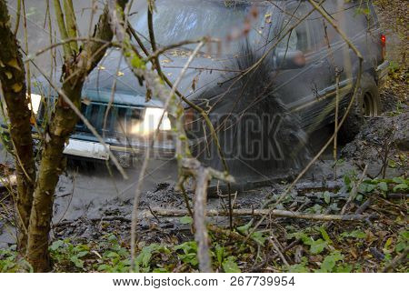 Off-road trip through the woods. Jiping through the forest. Tires in the mud and sport on cars. Wild