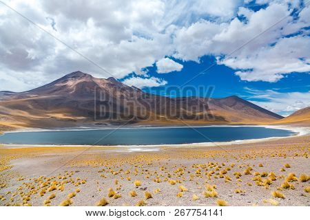 Atacama Altiplana Desert, Laguna Miscanti Salt Lake And Mountains Landscape, Miniques, Chile, South 