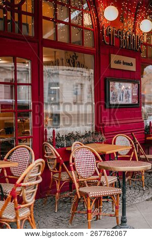 Kyiv, Ukraine - October 20, 2018: Tables Of Brasserie In Frensh Style. Typical Cafe In Style Of Pari