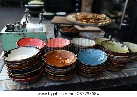 Multi-colored Country-style Faience Plates For Snacks, Prepared For Table Setting