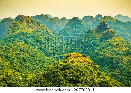 Halong Bay Mountain Viewpoint From Cat Ba Island, Ngu Lam Peak In Vietnam