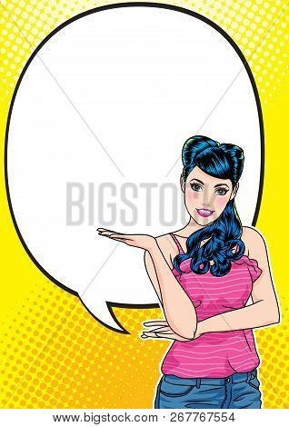 Smiling Woman Gesture Presenting Something  With Dot Background Pop Art Comics Style.