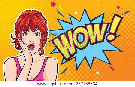Surprised Woman Face With Open Mouth With Pink Lips With Dot Background Pop Art Comics Style.