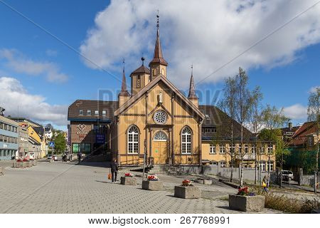 Tromso, Norway - June 01, 2018: Exterior View Of The Wooden Catholic Church