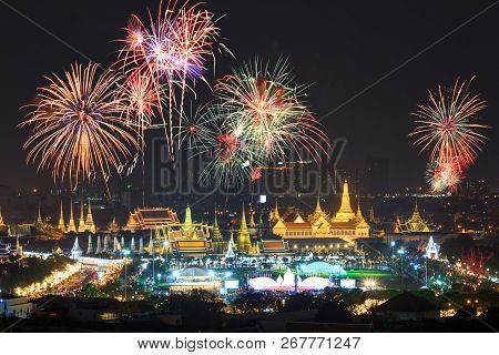 Big Fireworks On The Sky At  Wat Phra Keaw Public Landmark Of Thailand