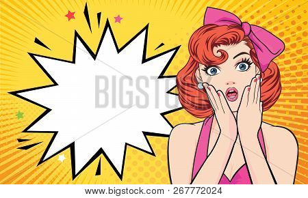 Surprised Woman Face With Open Mouth With Pink Lips With Dot Background Pop Art Comics Style.