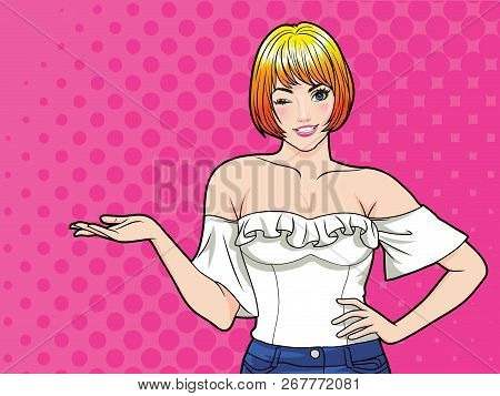 Smiling Woman Gesture Presenting Something  With Dot Background Pop Art Comics Style.