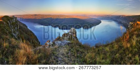 Picturesque Canyon Of The Dniester River. Autumn Sunrise By The River
