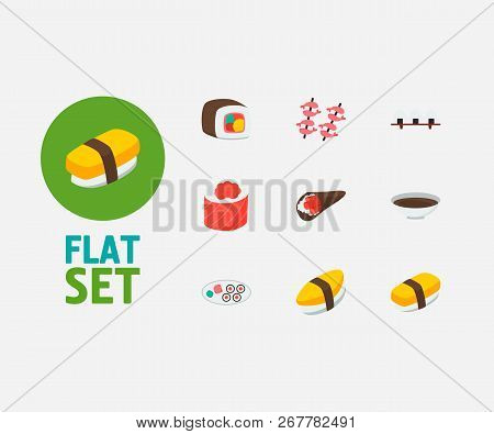 Sushi Icons Set. Unagi Nigin And Sushi Icons With Rice Ball, Temaki And Tamago Nigiri. Set Of Tradit
