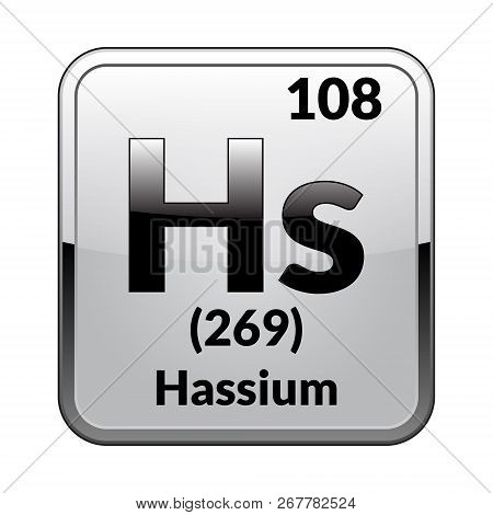 Hassium Symbol.chemical Element Of The Periodic Table On A Glossy White Background In A Silver Frame