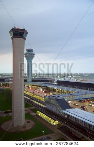 Chicago, Illinois, United States - May 11th, 2018: Air Traffic Control Tower At Ohare International 