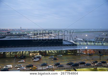 Chicago, Illinois, United States - May 11th, 2018: Several Airplanes At The Gate At Chicago Ohare In