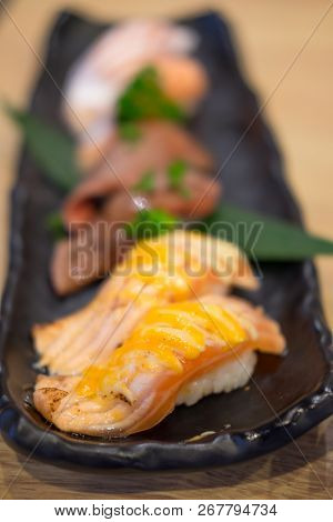 Japanese Food In Set Different Types Of Sushi, Japanese Food, Close Up At Sushi .
