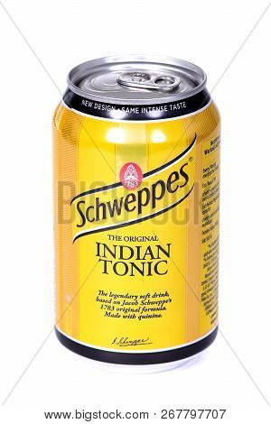 Novyy Urengoy, Russia - November 7, 2018: Aluminium Can Of The Schweppes Indian Tonic Isolated Over 