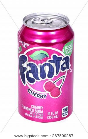 Novyy Urengoy, Russia - November 7, 2018: Aluminium Can Of The Fanta Cherry Isolated Over White Back