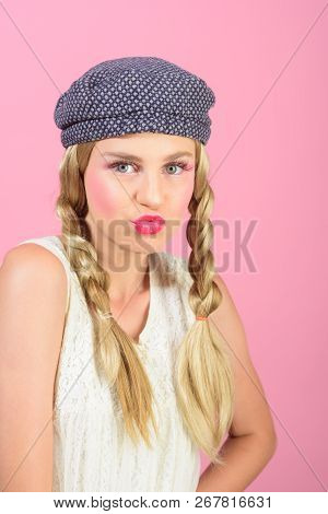 Happy Woman With Fashion Makeup In French Beret. Fashion Portrait Of Woman. Beauty Salon And Hairdre