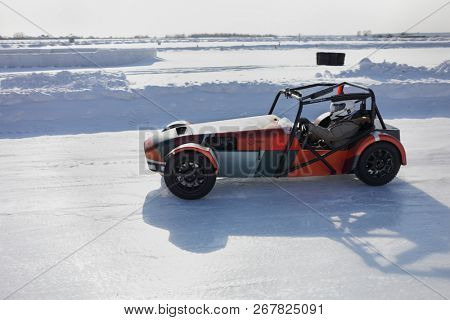 MOSCOW - MAR 2, 2018: First Russian serial racing car Shortcut at track, developed by 527 design office in DK Racing Company