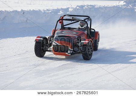 MOSCOW - MAR 2, 2018: First Russian serial racing car Shortcut goes at track, developed by 527 design office in DK Racing Company
