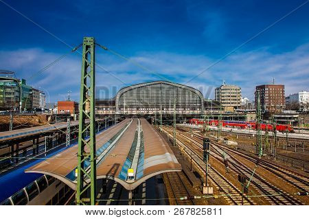 Hamburg, Germany - March, 2018: Red Train At The Hamburg Railway Central Station