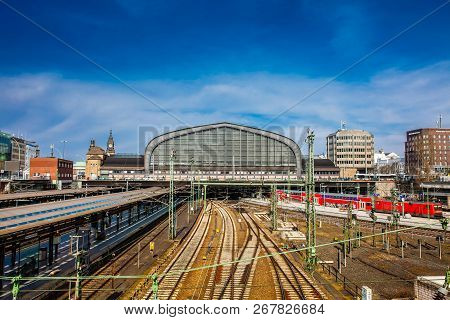 Hamburg, Germany - March, 2018: Red Train At The Hamburg Railway Central Station