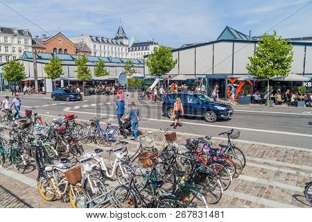 Copenhagen, Denmark - August 28, 2016: Rows Of Bicycles Near Torvehallerne Indoor Food Market In Cop