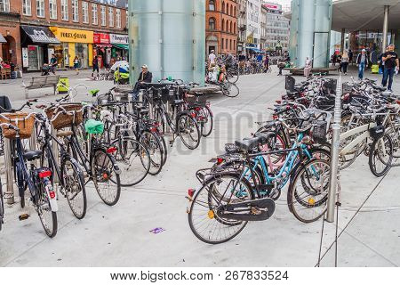 Copenhagen, Denmark - August 28, 2016: Rows Of Bicycles At Norreport In Copenhagen