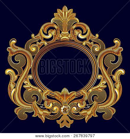 Medieval Goldwork Embroidery Vector Oval  Frame. Black Background.