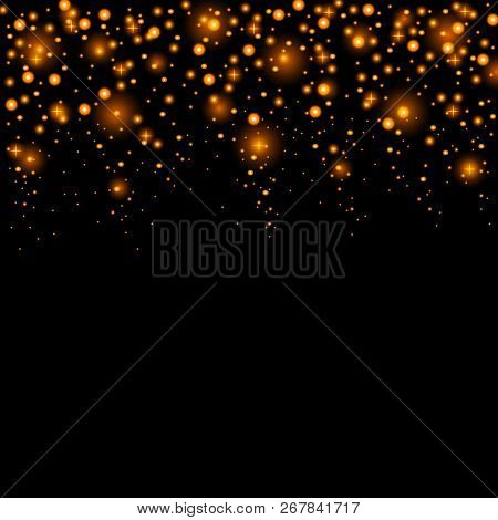 Golden Starfall. Lights, Glitter, Dust And Stars Are Falling Down. Gold Placer. Isolated On Black Ba
