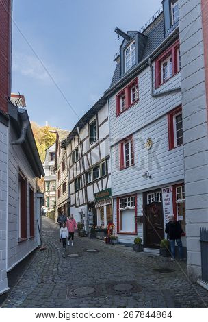 Monschau, Germany, October 2018 - Picturesque Timber Framed Buildings In The Historic Center Of Mons