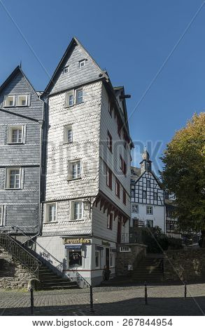 Monschau, Germany, October 2018 - Picturesque Buildings In The Historic Center Of Monschau, Aachen, 