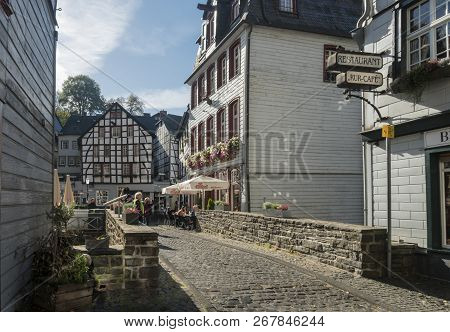 Monschau, Germany, October 2018 - Picturesque Timber Framed Houses In The Historic Center Of Monscha