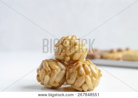 Panellets Selective Focus - Typical Catalan Marzipan Dessert For All Saints Day Called Castanyada, C