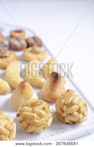 Panellets Selective Focus - Typical Catalan Marzipan Dessert For All Saints Day Called Castanyada, C