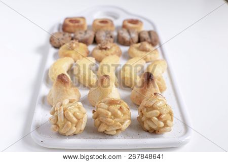 Panellets - Typical Catalan Marzipan Dessert For All Saints Day Called Castanyada, Copy Space, White