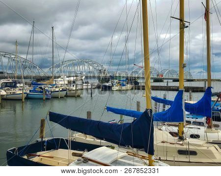 Vilsund, Denmark - August 15,2018: Vilsund Bridge Is A Bascule Arch Bridge That Crosses Vilsund Betw