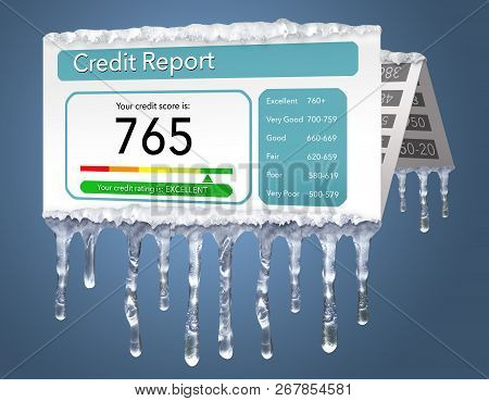 A Credit Freeze, Or Freeze On Your Credit Report Is Represented With Icicles And Snow On A Mock Cred