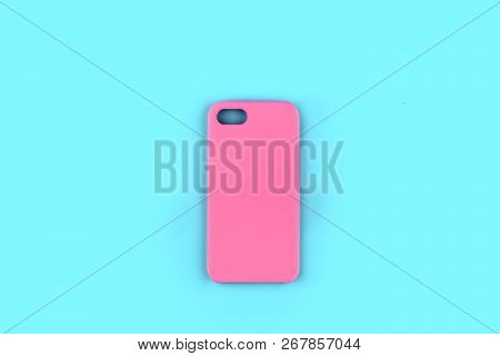Pink Case For Smartphone On An Blue Background.