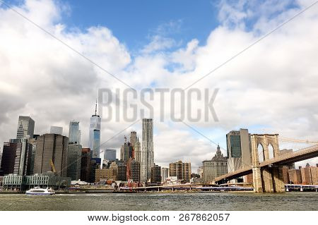 New York City Manhattan Skyline Panorama View Over Hudson River. Sightseeng Tour In Nyc.