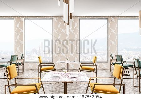 Corner Of Modern Restaurant With White Geometric Pattern And White Walls, Wooden Floor, Loft Window 