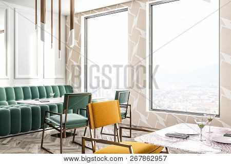 Corner Of Modern Restaurant With White Geometric Pattern And White Walls, Wooden Floor, Loft Window 