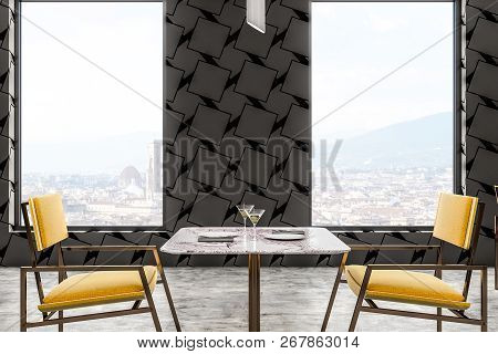 Corner Of Modern Restaurant With White Geometric Pattern And White Walls, Wooden Floor, Loft Window 